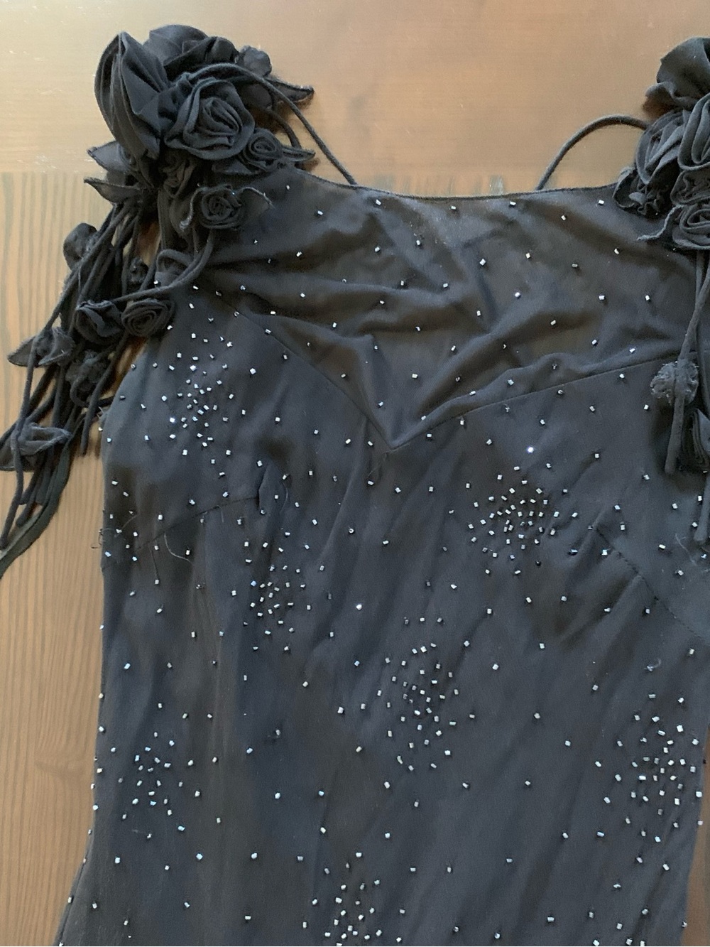 Sue Wong Black Beaded Maxi Dress with Floral Shoulder Appliqués - Picture 3 of 12
